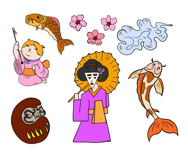 Set Dari Dekoratif Simbol Budaya Jepang Seni Tradisi Sejarah Alam - Stok Vektor