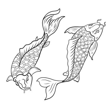 Çin 'in yeni yılının mutluluğu için kırmızı arka planda el çizimi Koi sazan balığı. Arka planda festival için altın balık. Koi balığının güzel bir çizgisi..