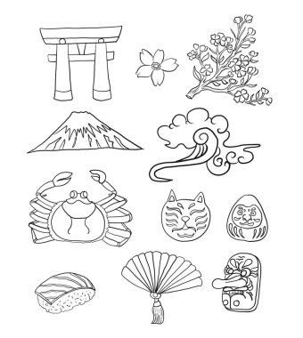 Japon illüstrasyonunun sembolü beyaz arkaplanda izole edildi. Çıkartma için karalama çizgisi sanatı.