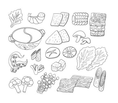 Restoran için Japon yemek seti menüsünün vektör çizimi. Shabu vektör seti menü defterine yazdırmak için Sukiyaki. Sıcak esrar tarzı için Çin yemeği..