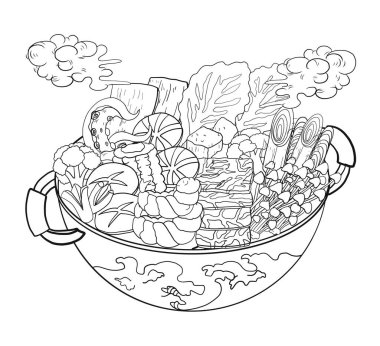 Restoran için Japon yemek seti menüsünün vektör çizimi. Shabu vektör seti menü defterine yazdırmak için Sukiyaki. Sıcak esrar tarzı için Çin yemeği..