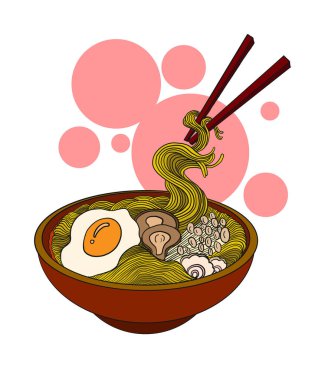 Geleneksel Japon eriştesi ve duvar kağıdı üzerine restoran baskısı için el sallama. Karalama sanatı için Ramen vektör çizimi. Arka planda yemek çubukları vektörü ile gün doğumu..