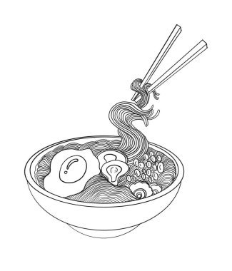 Traditional Japanese ramen and wave for restaurant printing on wallpaper.Ramen vector illustration for doodle art.Sunrise with chopsticks vector for painting on background.