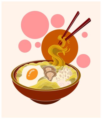 Geleneksel Japon eriştesi ve duvar kağıdı üzerine restoran baskısı için el sallama. Karalama sanatı için Ramen vektör çizimi. Arka planda yemek çubukları vektörü ile gün doğumu..