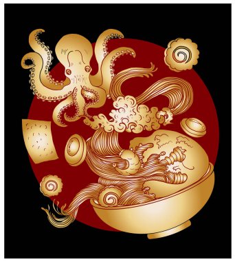 Geleneksel Japon eriştesi ve duvar kağıdı üzerine restoran baskısı için el sallama. Karalama sanatları için Ramen vektör çizimi. Arkaplanı boyamak için çubuk vektörü ile gün doğumu. Deniz ürünleri ve erişte çorbası sanatı..