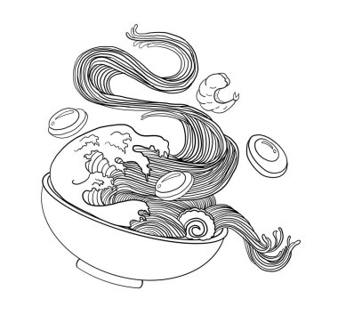 Geleneksel Japon eriştesi ve duvar kağıdı üzerine restoran baskısı için el sallama. Karalama sanatları için Ramen vektör çizimi. Arkaplanı boyamak için çubuk vektörü ile gün doğumu. Deniz ürünleri ve erişte çorbası sanatı..