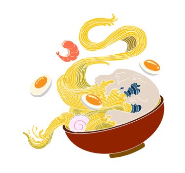 Geleneksel Japon eriştesi ve duvar kağıdı üzerine restoran baskısı için el sallama. Karalama sanatları için Ramen vektör çizimi. Arkaplanı boyamak için çubuk vektörü ile gün doğumu. Deniz ürünleri ve erişte çorbası sanatı..