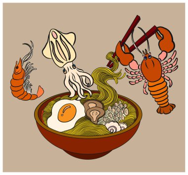 Geleneksel Japon eriştesi ve duvar kağıdı üzerine restoran baskısı için el sallama. Karalama sanatları için Ramen vektör çizimi. Arkaplanı boyamak için çubuk vektörü ile gün doğumu. Deniz ürünleri ve erişte çorbası sanatı..