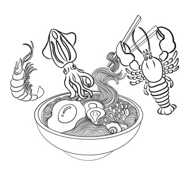 Geleneksel Japon eriştesi ve duvar kağıdı üzerine restoran baskısı için el sallama. Karalama sanatları için Ramen vektör çizimi. Arkaplanı boyamak için çubuk vektörü ile gün doğumu. Deniz ürünleri ve erişte çorbası sanatı..