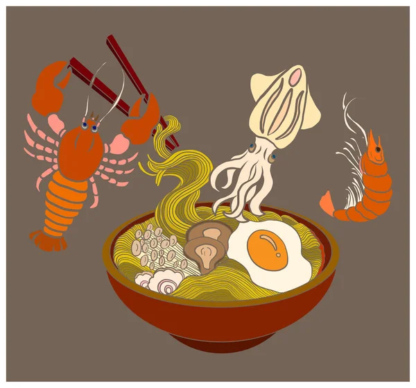 Traditional Japanese Ramen Wave Restaurant Printing Wallpaper Ramen Vector Illustration — стоковый вектор