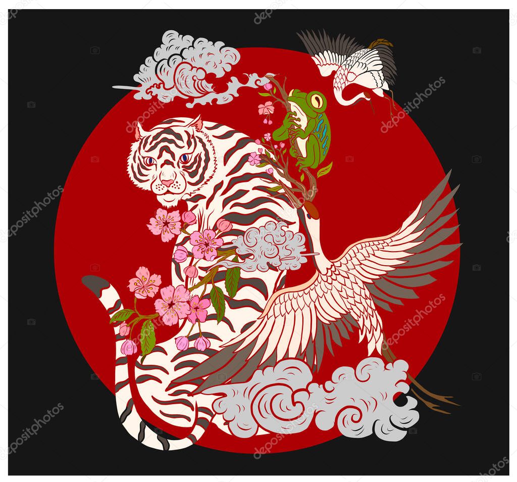 Colorful traditional tattoo style Tiger face with cherry blossom and hibiscus flower on could and red rising sun background.Chinese Tiger roaring tattoo.