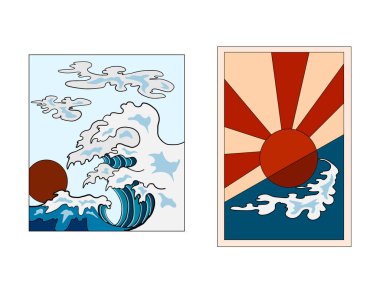 Geleneksel Japon eriştesi ve duvar kağıdı üzerine restoran baskısı için el sallama. Karalama sanatları için Ramen vektör çizimi. Arkaplanı boyamak için çubuk vektörü ile gün doğumu. Deniz ürünleri ve erişte çorbası sanatı..