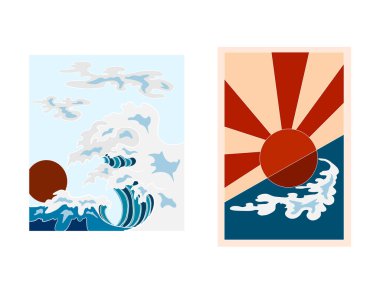 Geleneksel Japon eriştesi ve duvar kağıdı üzerine restoran baskısı için el sallama. Karalama sanatları için Ramen vektör çizimi. Arkaplanı boyamak için çubuk vektörü ile gün doğumu. Deniz ürünleri ve erişte çorbası sanatı..