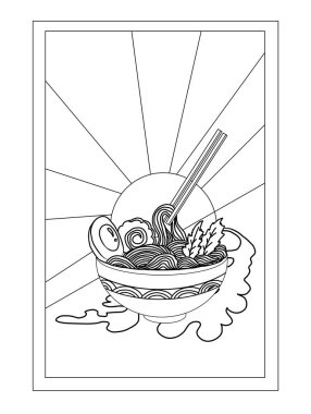 Geleneksel Japon eriştesi ve duvar kağıdı üzerine restoran baskısı için el sallama. Karalama sanatları için Ramen vektör çizimi. Arkaplanı boyamak için çubuk vektörü ile gün doğumu. Deniz ürünleri ve erişte çorbası sanatı..