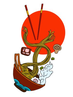 Geleneksel Japon eriştesi ve duvar kağıdı üzerine restoran baskısı için el sallama. Karalama sanatları için Ramen vektör çizimi. Arkaplanı boyamak için çubuk vektörü ile gün doğumu. Deniz ürünleri ve erişte çorbası sanatı..