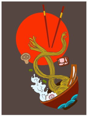 Geleneksel Japon eriştesi ve duvar kağıdı üzerine restoran baskısı için el sallama. Karalama sanatları için Ramen vektör çizimi. Arkaplanı boyamak için çubuk vektörü ile gün doğumu. Deniz ürünleri ve erişte çorbası sanatı..