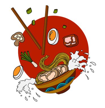 Geleneksel Japon eriştesi ve duvar kağıdı üzerine restoran baskısı için el sallama. Karalama sanatları için Ramen vektör çizimi. Arkaplanı boyamak için çubuk vektörü ile gün doğumu. Deniz ürünleri ve erişte çorbası sanatı..