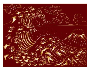 Japanese wave vector illustration for T-shirt.Traditional Chinese wave and sunrise.Beautiful line art of nature for printing on shirt.Asian art for doodle and painting on background.