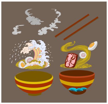 Geleneksel Japon eriştesi ve duvar kağıdı üzerine restoran baskısı için el sallama. Karalama sanatları için Ramen vektör çizimi..