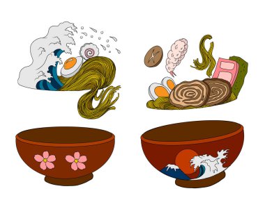 Geleneksel Japon eriştesi ve duvar kağıdı üzerine restoran baskısı için el sallama. Karalama sanatları için Ramen vektör çizimi..