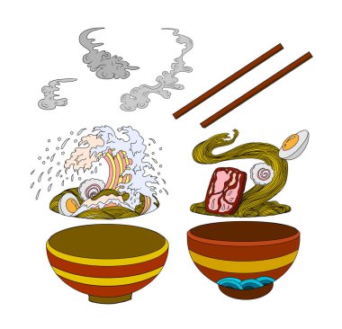 Geleneksel Japon eriştesi ve duvar kağıdı üzerine restoran baskısı için el sallama. Karalama sanatları için Ramen vektör çizimi..