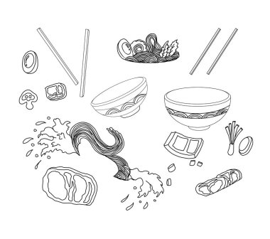 Geleneksel Japon eriştesi ve duvar kağıdı üzerine restoran baskısı için el sallama. Karalama sanatları için Ramen vektör çizimi..