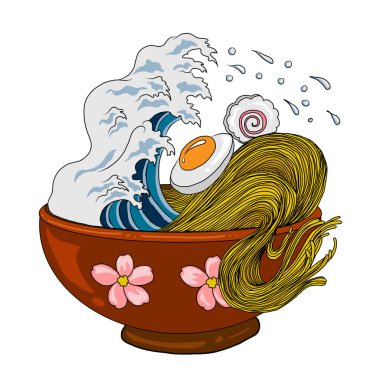 Geleneksel Japon eriştesi ve duvar kağıdı üzerine restoran baskısı için el sallama. Karalama sanatları için Ramen vektör çizimi..