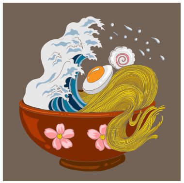 Geleneksel Japon eriştesi ve duvar kağıdı üzerine restoran baskısı için el sallama. Karalama sanatları için Ramen vektör çizimi..