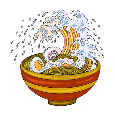 Geleneksel Japon eriştesi ve duvar kağıdı üzerine restoran baskısı için el sallama. Karalama sanatları için Ramen vektör çizimi..