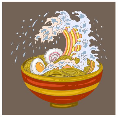 Geleneksel Japon eriştesi ve duvar kağıdı üzerine restoran baskısı için el sallama. Karalama sanatları için Ramen vektör çizimi..