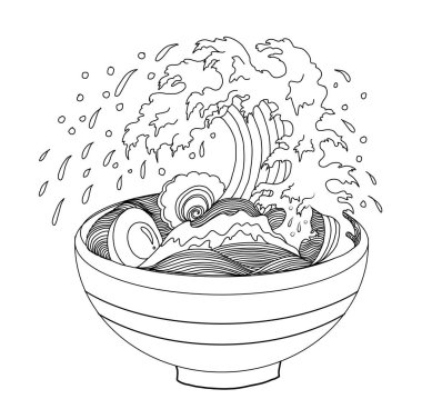 Geleneksel Japon eriştesi ve duvar kağıdı üzerine restoran baskısı için el sallama. Karalama sanatları için Ramen vektör çizimi..