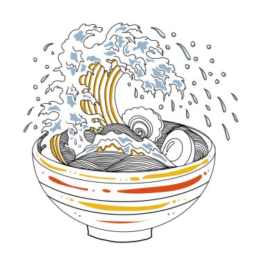 Geleneksel Japon eriştesi ve duvar kağıdı üzerine restoran baskısı için el sallama. Karalama sanatları için Ramen vektör çizimi..