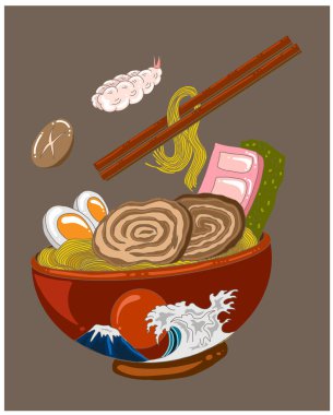 Geleneksel Japon eriştesi ve duvar kağıdı üzerine restoran baskısı için el sallama. Karalama sanatları için Ramen vektör çizimi..