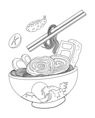 Traditional Japanese ramen and wave for restaurant printing on wallpaper.Ramen vector illustration for doodle art.Asian food.