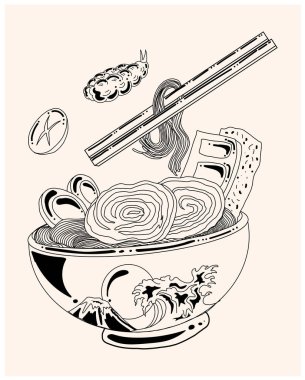 Traditional Japanese ramen and wave for restaurant printing on wallpaper.Ramen vector illustration for doodle art.Asian food.