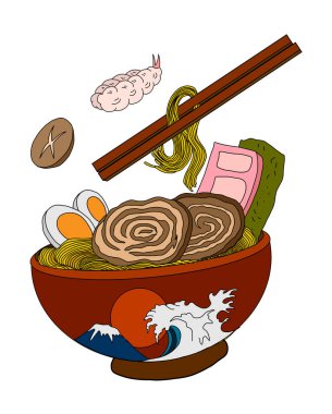 Geleneksel Japon eriştesi ve duvar kağıdı üzerine restoran baskısı için el sallama. Karalama sanatları için Ramen vektör çizimi..