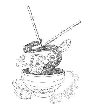 Geleneksel Japon eriştesi ve duvar kağıdı üzerine restoran baskısı için el sallama. Karalama sanatları için Ramen vektör çizimi..