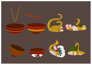 Geleneksel Japon eriştesi ve duvar kağıdı üzerine restoran baskısı için el sallama. Karalama sanatları için Ramen vektör çizimi..