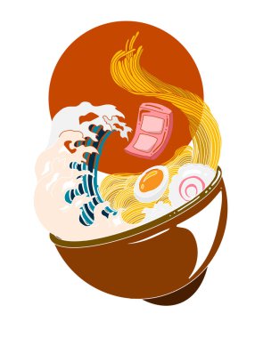 Geleneksel Japon eriştesi ve duvar kağıdı üzerine restoran baskısı için el sallama. Karalama sanatları için Ramen vektör çizimi..