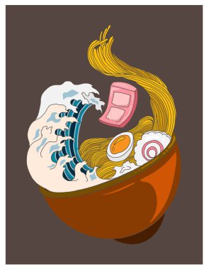 Geleneksel Japon eriştesi ve duvar kağıdı üzerine restoran baskısı için el sallama. Karalama sanatları için Ramen vektör çizimi..