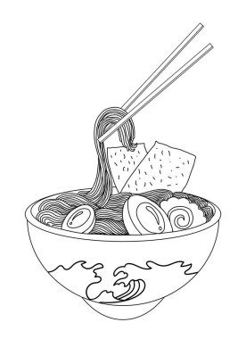 Geleneksel Japon eriştesi ve duvar kağıdı üzerine restoran baskısı için el sallama. Karalama sanatları için Ramen vektör çizimi..