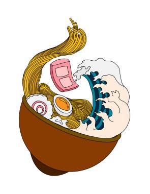 Geleneksel Japon eriştesi ve duvar kağıdı üzerine restoran baskısı için el sallama. Karalama sanatları için Ramen vektör çizimi..