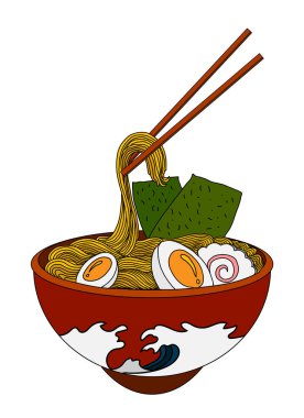 Geleneksel Japon eriştesi ve duvar kağıdı üzerine restoran baskısı için el sallama. Karalama sanatları için Ramen vektör çizimi..