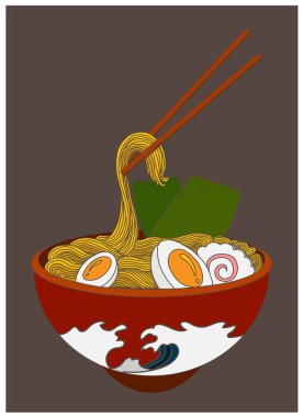 Geleneksel Japon eriştesi ve duvar kağıdı üzerine restoran baskısı için el sallama. Karalama sanatları için Ramen vektör çizimi..