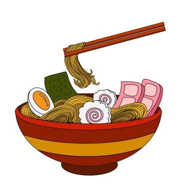 Geleneksel Japon eriştesi ve duvar kağıdı üzerine restoran baskısı için el sallama. Karalama sanatları için Ramen vektör çizimi..