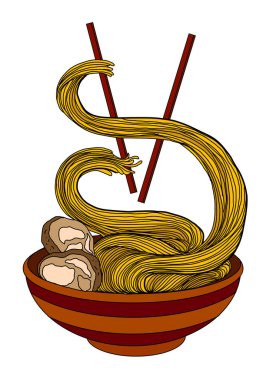 Geleneksel Japon eriştesi ve duvar kağıdı üzerine restoran baskısı için el sallama. Karalama sanatları için Ramen vektör çizimi..