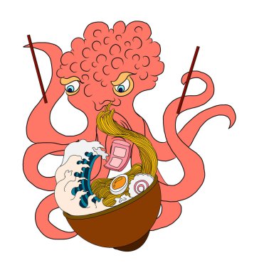 Traditional Japanese ramen and wave for restaurant printing on wallpaper.Ramen vector illustration for doodle art.Asian food.Squid cartoon vector for printing on shirt.