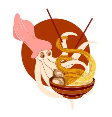 Traditional Japanese ramen and wave for restaurant printing on wallpaper.Ramen vector illustration for doodle art.Asian food.Squid cartoon vector for printing on shirt.