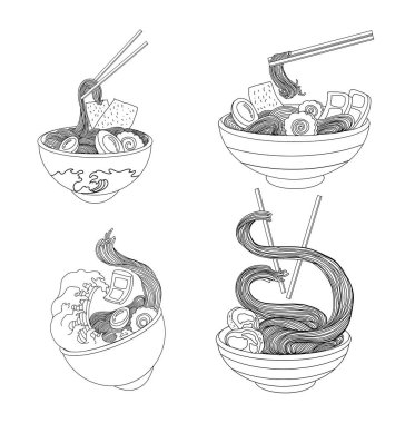 Geleneksel Japon eriştesi ve duvar kağıdı üzerine restoran baskısı için el sallama. Karalama sanatları için Ramen vektör çizimi..