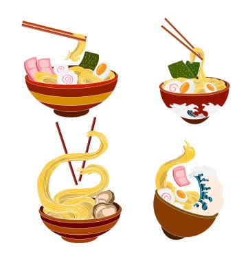 Geleneksel Japon eriştesi ve duvar kağıdı üzerine restoran baskısı için el sallama. Karalama sanatları için Ramen vektör çizimi..